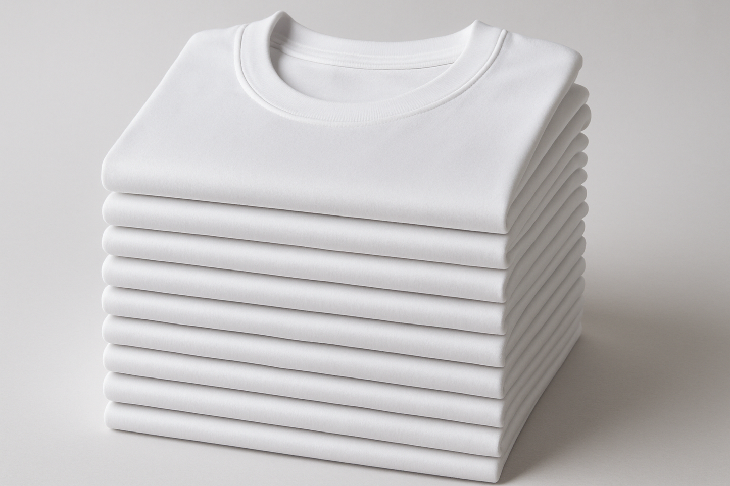 kit 10 camisetas algodão gola redonda uma em cima da outra na cor branca. Imagem 1200x1200